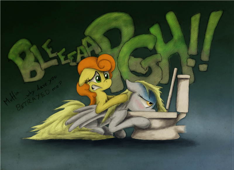 Size: 800x581 | Tagged: safe, artist:hewison, derpibooru import, carrot top, derpy hooves, golden harvest, pegasus, pony, baked bads, female, mare, sick, toilet, vomit