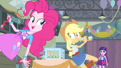 Size: 560x315 | Tagged: safe, derpibooru import, screencap, applejack, pinkie pie, spike, twilight sparkle, equestria girls, equestria girls (movie), animated, apple cider, balloon, blowing, blowing up balloons, bottle, cider, drink, drinking, heart balloon, spit, spit take, spitting