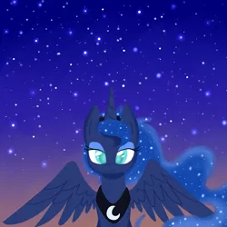 Size: 1024x1024 | Tagged: dead source, safe, artist:applejack-lover-fan, derpibooru import, princess luna, alicorn, pony, colored pupils, looking at you, night, smiling, solo, spread wings, stars, wings