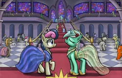 Size: 1944x1238 | Tagged: safe, artist:paper-pony, derpibooru import, bon bon, lyra heartstrings, princess celestia, sweetie drops, oc, alicorn, earth pony, pegasus, pony, unicorn, blank flank, carpet, clothes, crown, cutie mark, dress, duo focus, eyes closed, flower, flower in hair, gala dress, glass, grand galloping gala, hat, jewelry, lidded eyes, looking at each other, looking back, looking up, necklace, open mouth, raised hoof, red carpet, regalia, see-through, see-through skirt, skirt, smiling, stairs, tiara, top hat, unamused, waving