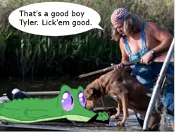 Size: 476x357 | Tagged: safe, derpibooru import, edit, gummy, alligator, dog, human, pony, bruce mitchell, irl, irl dog, irl human, photo, ponies in real life, speech bubble, swamp people, text, tyler