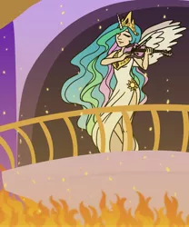 Size: 3000x3600 | Tagged: artist:rebeccamorton, derpibooru import, female, fire, great fire of canterlot, human, humanized, musical instrument, nero, princess celestia, reference, safe, solo, tripled, tyrant celestia, violin, while rome burns