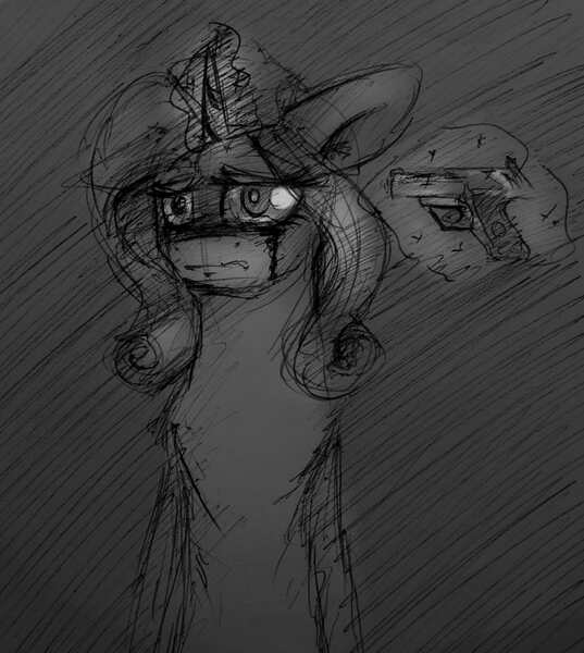 Size: 1477x1649 | Tagged: semi-grimdark, artist:iceminth, derpibooru import, rarity, pony, unicorn, crying, fame and misfortune drama, female, gun, imminent suicide, levitation, magic, mare, monochrome, solo, telekinesis, weapon