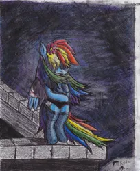 Size: 1945x2379 | Tagged: grimdark, artist:takedapie, derpibooru import, rainbow dash, pegasus, pony, bipedal, female, jumper, mare, signature, solo, suicide, traditional art