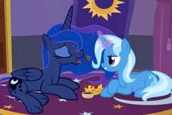 Size: 1920x1280 | Tagged: safe, artist:the smiling pony, derpibooru import, princess luna, trixie, bed, feeding, female, food, fruit, hooves, lesbian, luxie, magic, shipping, strawberry, telekinesis, tongue out