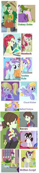 Size: 567x2470 | Tagged: safe, derpibooru import, edit, edited screencap, screencap, aqua blossom, ballad, cloud kicker, cloudy kicks, indigo wreath, liza doolots, oakey doke, petunia, raven, rose heart, roseluck, sophisticata, sweet leaf, tootsie flute, written script, pony, equestria girls, equestria girls (movie), fall weather friends, lesson zero, the crystal empire, the cutie pox, the super speedy cider squeezy 6000, background human, comparison, op is wrong