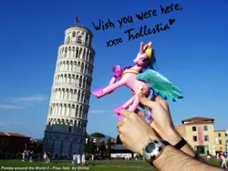 Size: 900x675 | Tagged: artist:shimafox, derpibooru import, hand, irl, italy, leaning tower of pisa, photo, pinklestia, ponies around the world, princess celestia, safe, toy, trollestia, watch