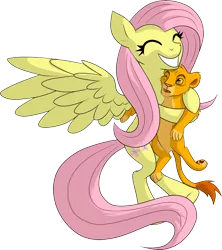 Size: 1776x2000 | Tagged: artist:xonxt, big cat, crossover, derpibooru import, disney, fluttershy, hug, lion, safe, simba, the lion king