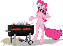 Size: 6176x4487 | Tagged: grimdark, artist:randomlywhimsical, derpibooru import, madame le flour, pinkie pie, rocky, parasprite, pony, absurd resolution, barbeque, bipedal, food, grill, meat, ponies eating meat, solo