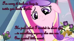 Size: 993x557 | Tagged: safe, derpibooru import, edit, edited screencap, screencap, princess cadance, spike, alicorn, pony, bedroom eyes, caption, female, floppy ears, image macro, implications, infidelity, innuendo, looking down, male, mare, perspective, shipping, smiling, spikedance, straight, text