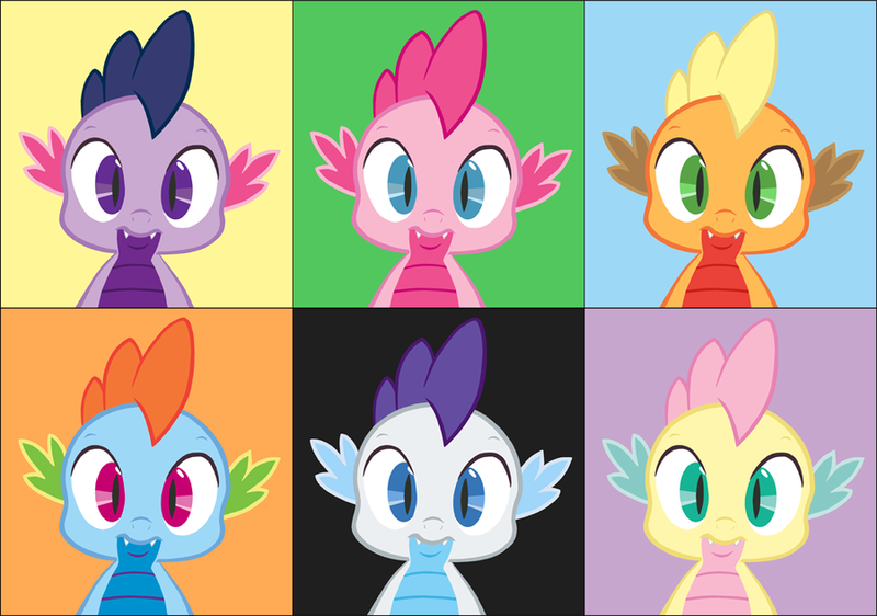 Size: 900x632 | Tagged: andy warhol, applejack, artist:queencold, derpibooru import, fluttershy, mane six, modern art, palette swap, pinkie pie, pop art, rainbow dash, rarity, recolor, safe, spike, twilight sparkle