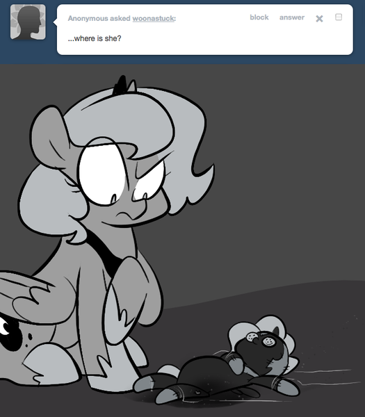 Size: 666x761 | Tagged: safe, artist:egophiliac, derpibooru import, nightmare moon, princess luna, pony, moonstuck, ask, comic, cute, dark woona, doll, female, filly, grayscale, monochrome, nightmare woon, plot twist, toy, tumblr, woona, younger