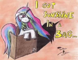 Size: 1401x1075 | Tagged: artist:takedapie, cute, cutelestia, derpibooru import, gorillaz, paper bag, princess celestia, safe, solo