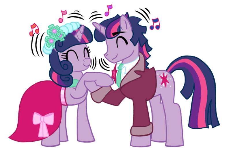Size: 1477x989 | Tagged: artist:reina-del-caos, clothes, derpibooru import, dress, dusk shine, dusktwi, female, male, music notes, rule 63, safe, selfcest, self ponidox, shipping, straight, twilight sparkle