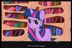 Size: 490x325 | Tagged: caption, derpibooru import, edit, edited screencap, ei, hub logo, meme, safe, screencap, solo, the ticket master, twilight sparkle, youtube caption