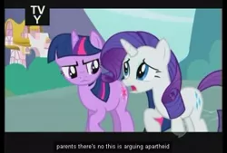 Size: 493x334 | Tagged: apartheid, caption, derpibooru import, edit, edited screencap, hub logo, meme, rarity, safe, screencap, segregation, tv rating, twilight sparkle, youtube caption