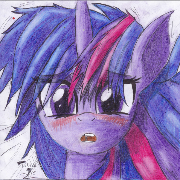 Size: 1376x1371 | Tagged: artist:takedapie, blushing, derpibooru import, looking at you, safe, solo, traditional art, twilight sparkle