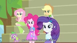 Size: 632x356 | Tagged: safe, derpibooru import, edit, edited screencap, screencap, applejack, fluttershy, pinkie pie, rarity, spike, dog, equestria girls, equestria girls (movie), caption, meme, spike the dog, youtube caption