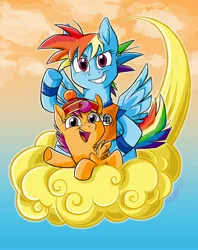 Size: 2650x3338 | Tagged: safe, artist:graystripe64, derpibooru import, rainbow dash, scootaloo, pegasus, pony, clothes, cloud, cloudy, dragon ball, dragon ball z, female, filly, flying nimbus, hat, mare, open mouth, parody, smiling