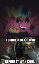 Size: 480x787 | Tagged: safe, derpibooru import, screencap, sunset shimmer, demon, equestria girls, equestria girls (movie), before it was cool, caption, ganondorf, hipster, image macro, solo, sunset satan, text, the legend of zelda