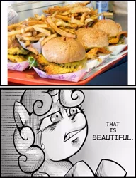 Size: 537x700 | Tagged: burger, cheese, cheeseburger, derpibooru import, exploitable meme, fast food, food, french fries, hamburger, meme, safe, sweetie belle, that is beautiful