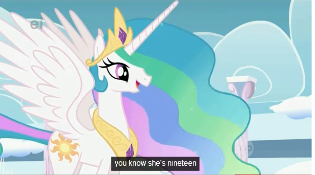 Size: 645x358 | Tagged: caption, derpibooru import, edit, edited screencap, ei, hub logo, meme, princess celestia, safe, screencap, solo, sonic rainboom (episode), youtube caption