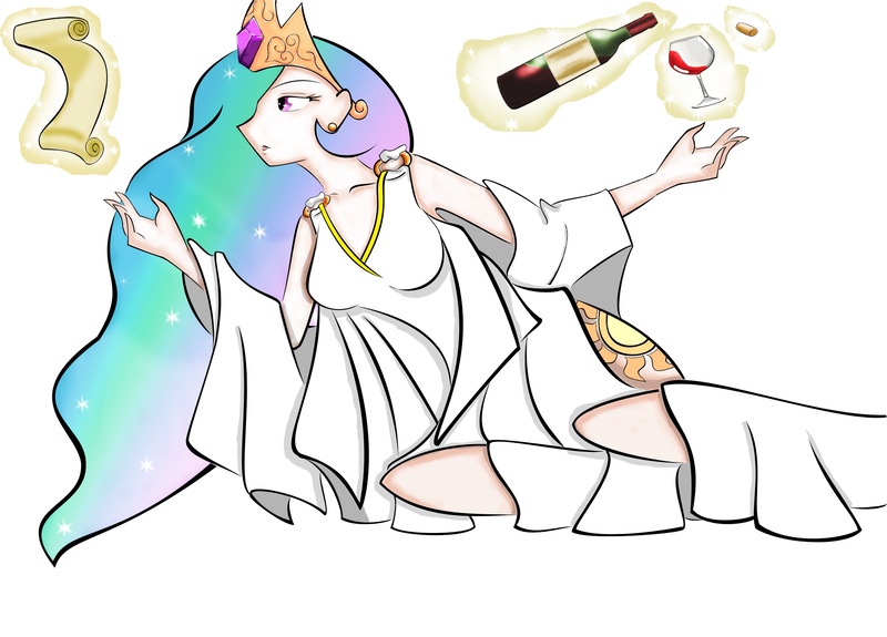 Size: 2332x1677 | Tagged: alcohol, artist:blossomxdexter4eva, derpibooru import, glass, human, humanized, levitation, magic, princess celestia, safe, scroll, simple background, solo, telekinesis, wine