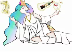 Size: 2332x1677 | Tagged: alcohol, artist:blossomxdexter4eva, derpibooru import, glass, human, humanized, levitation, magic, princess celestia, safe, scroll, simple background, solo, telekinesis, wine