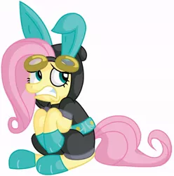 Size: 704x710 | Tagged: safe, artist:epicchamoo, derpibooru import, fluttershy, pegasus, pony, bunny ears, clothes, costume, dangerous mission outfit, female, flutterspy, goggles, hoodie, mare, simple background, solo, white background