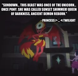 Size: 480x469 | Tagged: safe, derpibooru import, sunset shimmer, twilight sparkle, demon, equestria girls, equestria girls (movie), caption, image macro, sunset satan, text, the legend of zelda