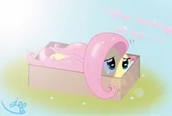 Size: 1570x1062 | Tagged: safe, artist:bugplayer, derpibooru import, fluttershy, pegasus, pony, box, cardboard box, female, mare, packaging peanuts, pony in a box, prone, shy, solo