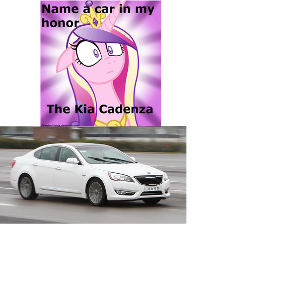 Size: 2340x2508 | Tagged: alicorn, caption, car, crown, derpibooru import, female, image macro, jewelry, kia, kia cadenza, mare, namesake, princess cadance, pun, regalia, safe, text