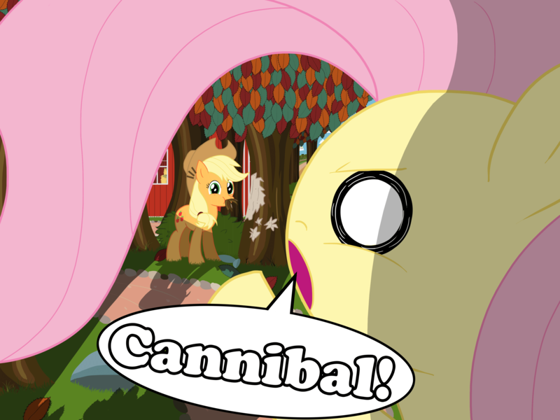 Size: 4000x3000 | Tagged: safe, artist:bugplayer, derpibooru import, applejack, fluttershy, earth pony, pegasus, pony, cannibalism, caught, duo, duo female, eating, female, mare, nom, pointing, shocked, tree, wat, wide eyes