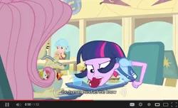 Size: 637x387 | Tagged: safe, derpibooru import, edit, edited screencap, screencap, fluttershy, twilight sparkle, equestria girls, equestria girls (movie), apple, caption, food, meme, youtube caption