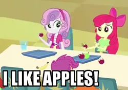 Size: 344x241 | Tagged: safe, derpibooru import, apple bloom, scootaloo, sweetie belle, equestria girls, equestria girls (movie), apple, captain obvious, caption, cutie mark crusaders, food, image macro, text