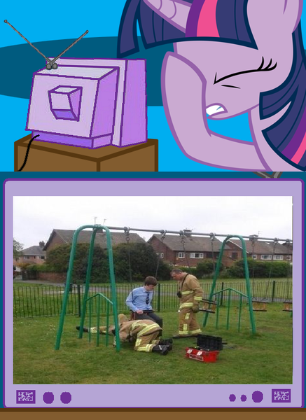 Size: 562x771 | Tagged: baby swing, derpibooru import, exploitable meme, facehoof, fail, firefighter, meme, nostalgia, obligatory pony, safe, stupidity, swing, tv meme, twilight sparkle