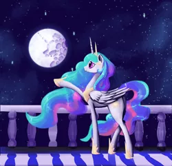 Size: 2436x2350 | Tagged: safe, artist:dalagar, derpibooru import, princess celestia, alicorn, pony, crying, female, mare, moon, night, sad, solo, stars