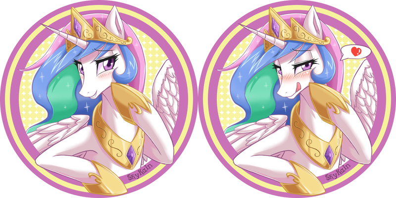 Size: 2000x1000 | Tagged: safe, artist:skykain, derpibooru import, princess celestia, bedroom eyes, blushing, circle, female, heart, licking, licking lips, tongue out