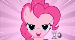 Size: 635x337 | Tagged: a friend in deed, bedroom eyes, derpibooru import, fourth wall, hub logo, out of context, pinkie pie, safe, screencap, smile song, solo