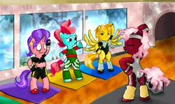 Size: 2008x1200 | Tagged: safe, artist:stec-corduroyroad, derpibooru import, cheerilee, cookie crumbles, cup cake, soarin', spitfire, pony, 80s, 80s cheerilee, aerobics, bipedal, blood, clothes, exercise, leg warmers, leotard, nosebleed, out of shape, stretching, sweat