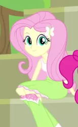 Size: 216x350 | Tagged: safe, derpibooru import, fluttershy, pinkie pie, equestria girls, equestria girls (movie), bleachers, boots, clothes, fourth wall, high heel boots, shoes, skirt, socks