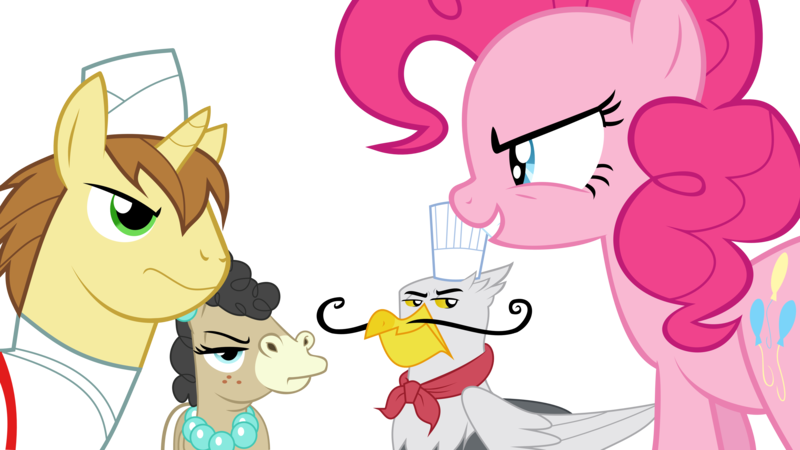 Size: 6000x3373 | Tagged: safe, artist:lisa400, derpibooru import, donut joe, gustave le grande, mulia mild, pinkie pie, gryphon, mmmystery on the friendship express, cake, food, marzipan mascarpone meringue madness, show trace, simple background, transparent background, vector