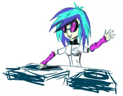 Size: 1000x784 | Tagged: safe, artist:spacehunt, derpibooru import, vinyl scratch, equestria girls, scratching, sketch, solo, sunglasses, turntable