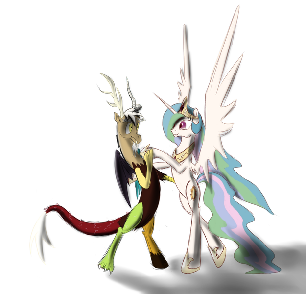 Size: 1500x1440 | Tagged: safe, artist:spacehunt, derpibooru import, discord, princess celestia, canterlot, dancing, dislestia, female, male, shipping, straight, tango