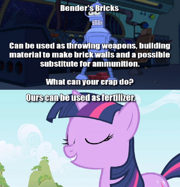 Size: 680x706 | Tagged: bender bending rodriguez, brick, bricks, caption, crap, derpibooru import, fertilizer, futurama, image macro, safe, text, twilight sparkle, vulgar