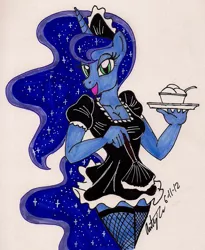 Size: 1202x1468 | Tagged: anthro, artist:newyorkx3, bedroom eyes, breasts, cleavage, clothes, derpibooru import, duster, female, fishnets, food, ice cream, maid, princess luna, simple background, solo, solo female, suggestive, traditional art