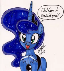 Size: 954x1058 | Tagged: safe, artist:newyorkx3, derpibooru import, princess luna, alicorn, pony, :d, bronybait, clapping, cute, female, happy, looking at you, lunabetes, mare, nuzzling, open mouth, simple background, smiling, solo, traditional art, white background