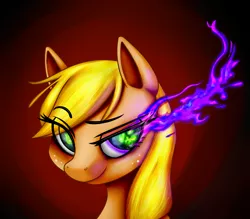 Size: 2714x2382 | Tagged: applejack, artist:rex42, changeling, changelingified, dark magic, derpibooru import, magic, safe, smiling, solo, sombra eyes, species swap