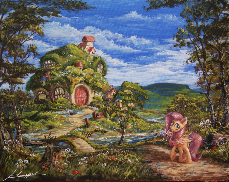 Size: 1200x953 | Tagged: safe, artist:huussii, derpibooru import, fluttershy, pegasus, pony, basket, bird house, bridge, brook, cloud, color porn, cottage, female, flower, fluttershy's cottage, grass, log, mare, oil painting, path, scenery, sky, traditional art, tree, tree stump