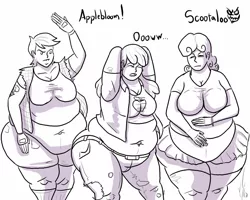 Size: 1500x1200 | Tagged: apple blob, apple bloom, artist:dragon-storm, bbw, belly button, clothes, curly bloom, cutie mark crusaders, derpibooru import, fat, human, humanized, larry belle, monochrome, muffin top, obese, older, pants, safe, scootalard, scootaloo, scootamoe, skirt, sweetie belle, sweetie belly, the three stooges, torn clothes